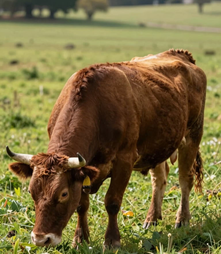 A close-up, high-quality photograph of premium beef cattle grazing in a lush, sun-drenched pasture. The scene reflects authentic tradition and modern quality, featuring soft natural lighting that highlights the textures of the cattle's coat and the vibrant greens of the field. The color palette emphasizes #AAB89D and #6F624C to create a sophisticated, grounded, and welcoming atmosphere.