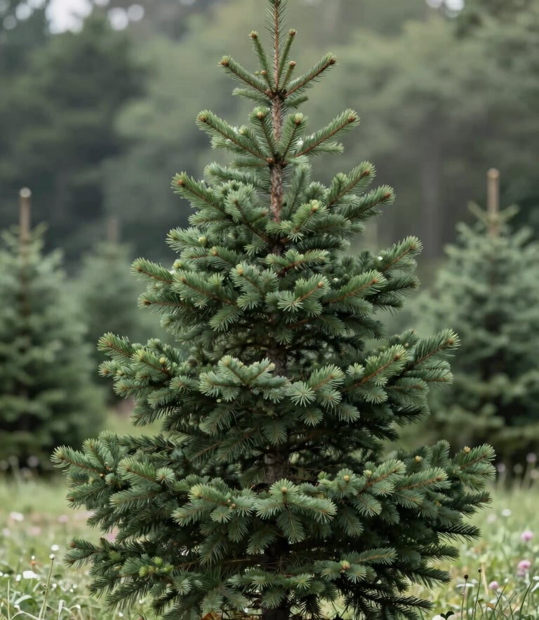A close-up of a perfectly shaped Nordmann Fir tree in a field, showing rich green needles and healthy growth. The background is a soft focus forest. Style is sophisticated and grounded, utilizing the deep green of #2C3A2D and the sage of #AAB89D.