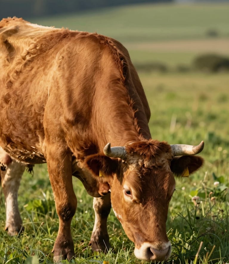A professional portrait of a healthy beef cow grazing in a lush green pasture. The style is sophisticated and natural, using warm afternoon light to highlight the texture of the coat and the richness of the grass. Brand colors #6F624C and #AAB89D are present in the landscape.