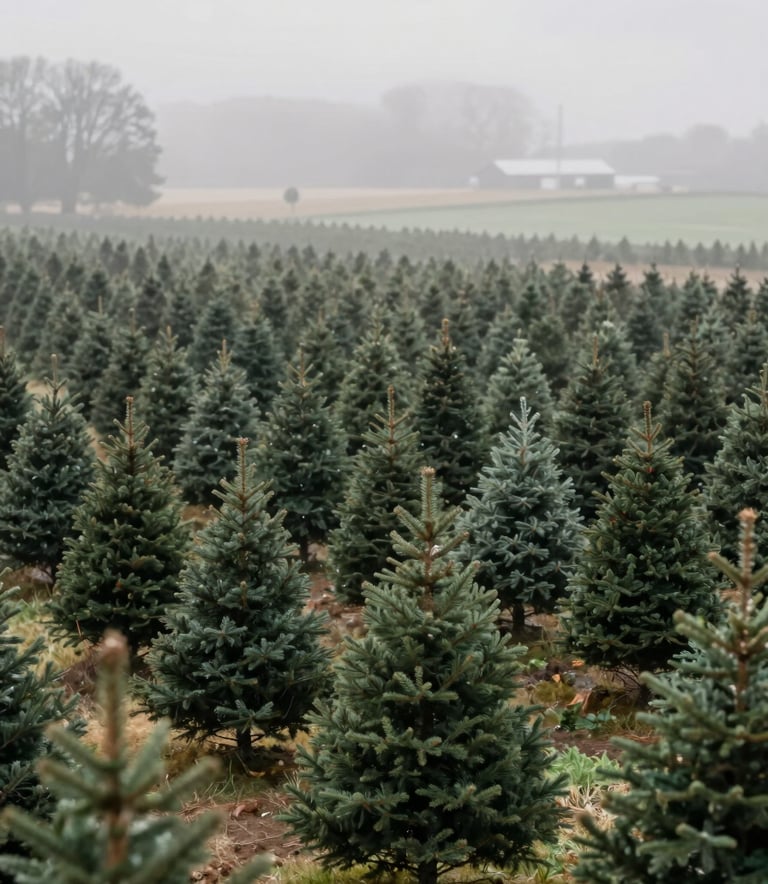 A wide-angle landscape of perfectly groomed Christmas tree rows on a misty morning. The composition is grounded and peaceful, with a sense of natural beauty. The lighting is soft and ethereal, using a palette that subtly incorporates #2C3A2D and #AAB89D to project a mood of reliable quality and authentic farm tradition.