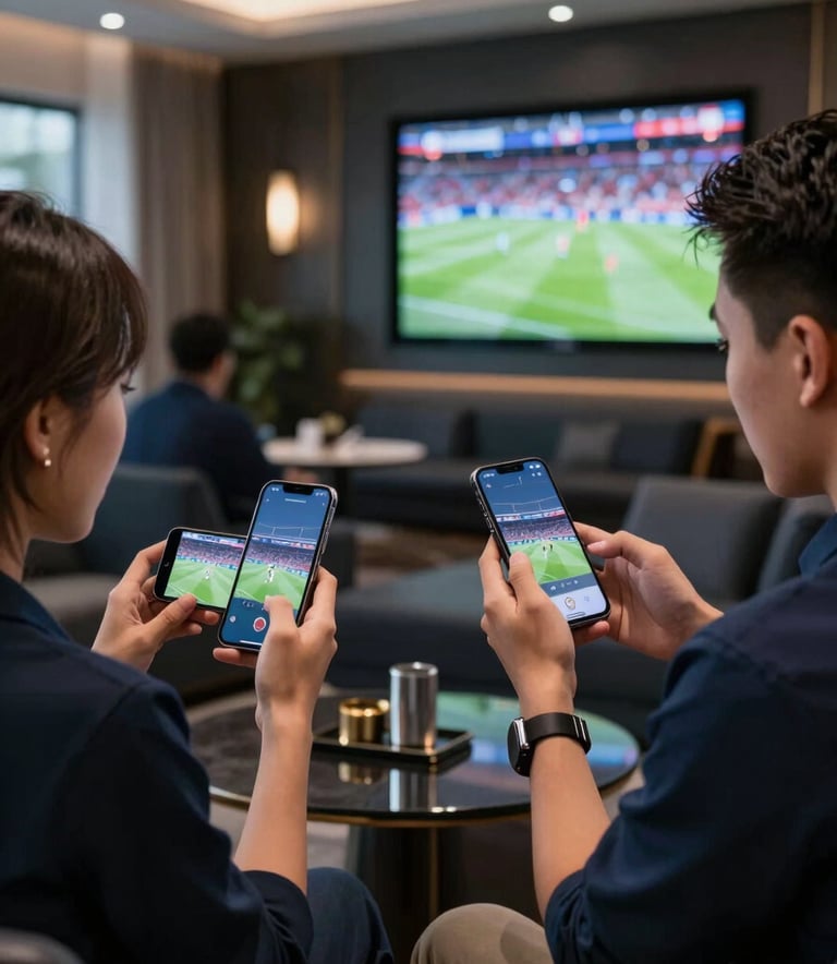 Southeast Asian / Vietnamese users enjoying a live sports match on a premium smartphone, dynamic lighting, luxurious stadium VIP lounge setting in the background, sophisticated steel blue and dark navy tones.