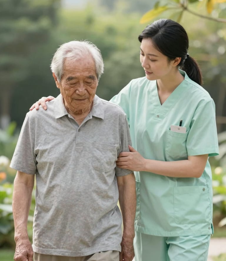 A medium shot of a compassionate caretaker in a pale misty green uniform gently assisting a senior man while walking in a bright garden. The lighting is soft and airy, conveying trust and professionalism.