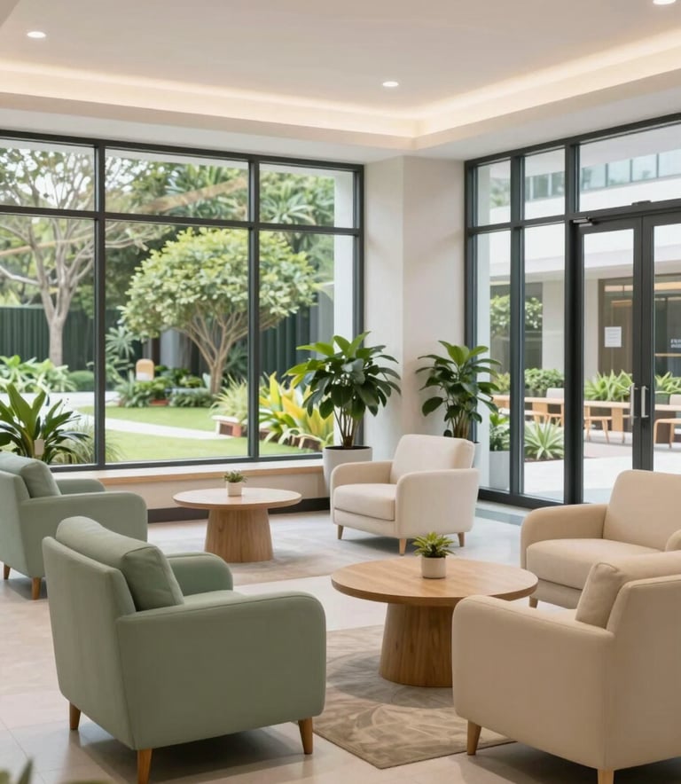A wide shot of a modern, bright assisted living lobby with comfortable furniture in muted sage green and warm cream. Large windows show a lush garden outside, creating a calming atmosphere.