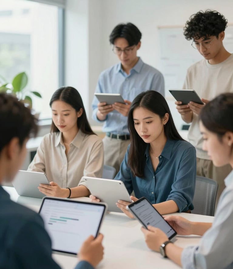 A diverse group of young professionals in a modern workspace using tablets and phones. The environment is bright and airy, with interior accents in #3E6F7F. The focus is on the friendly interaction and the use of sleek technology.