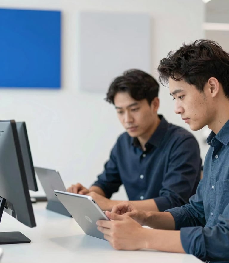 A modern, well-lit studio office where two professional developers are collaborating over a sleek Android tablet. The background is minimalist with geometric wall art featuring brand colors #7DAFB8 and #F6F8FA. The lighting is soft and natural, emphasizing a productive and innovative atmosphere.