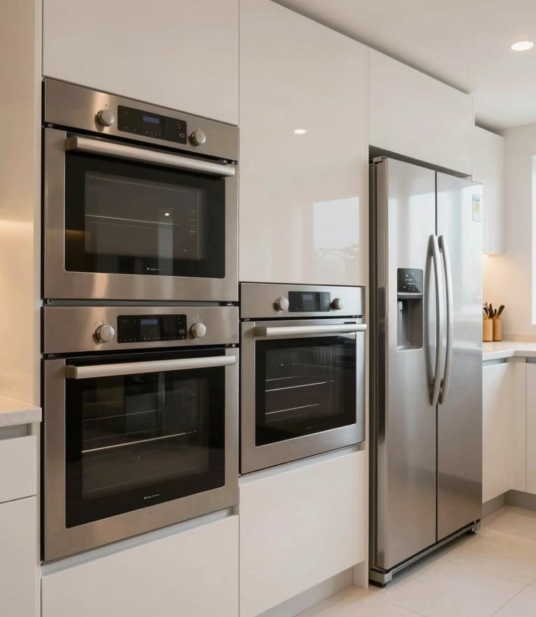 A wide-angle shot of a clean, modern kitchen in a Middle Eastern / Gulf residence, showing well-maintained appliances like an oven and refrigerator under bright, warm lighting, reflecting professional maintenance.