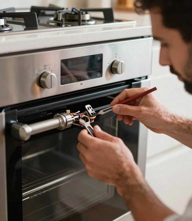 Close-up of a skilled technician repairing a contemporary built-in oven in a luxury Middle Eastern / Gulf kitchen, sharp focus on tools and metallic surfaces.
