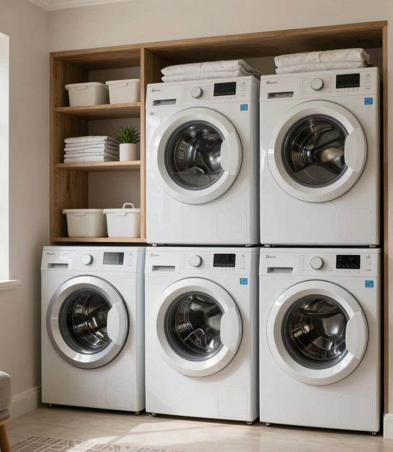 An elegant, well-lit laundry room in a sophisticated Middle Eastern / Gulf villa, featuring high-tech washing machines and organized storage.
