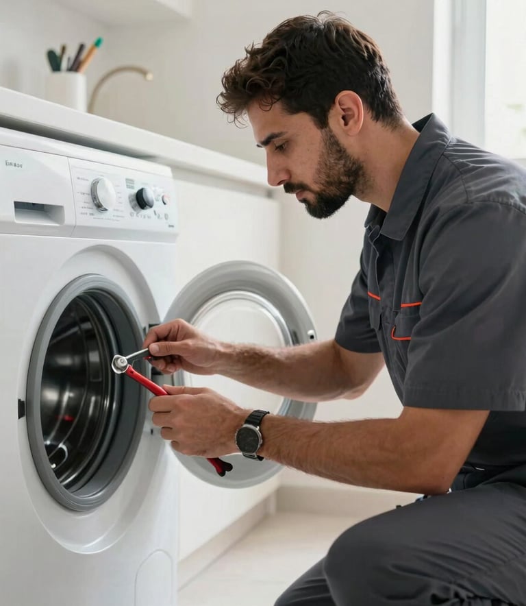 A professional Middle Eastern / Gulf technician in a neat deep charcoal uniform inspecting a modern washing machine in a bright Sharjah home with reliable tools.