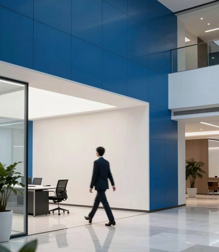 A sleek, modern office lobby in a Southeast Asian metropolis. The decor is minimalist with bright blue and white accents. A person in professional attire is walking through the space, reflecting a dynamic and trustworthy corporate atmosphere.