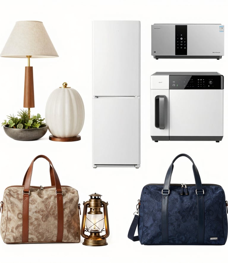 A sleek bundle of home products neatly arranged on a white minimalist table with bright natural light.