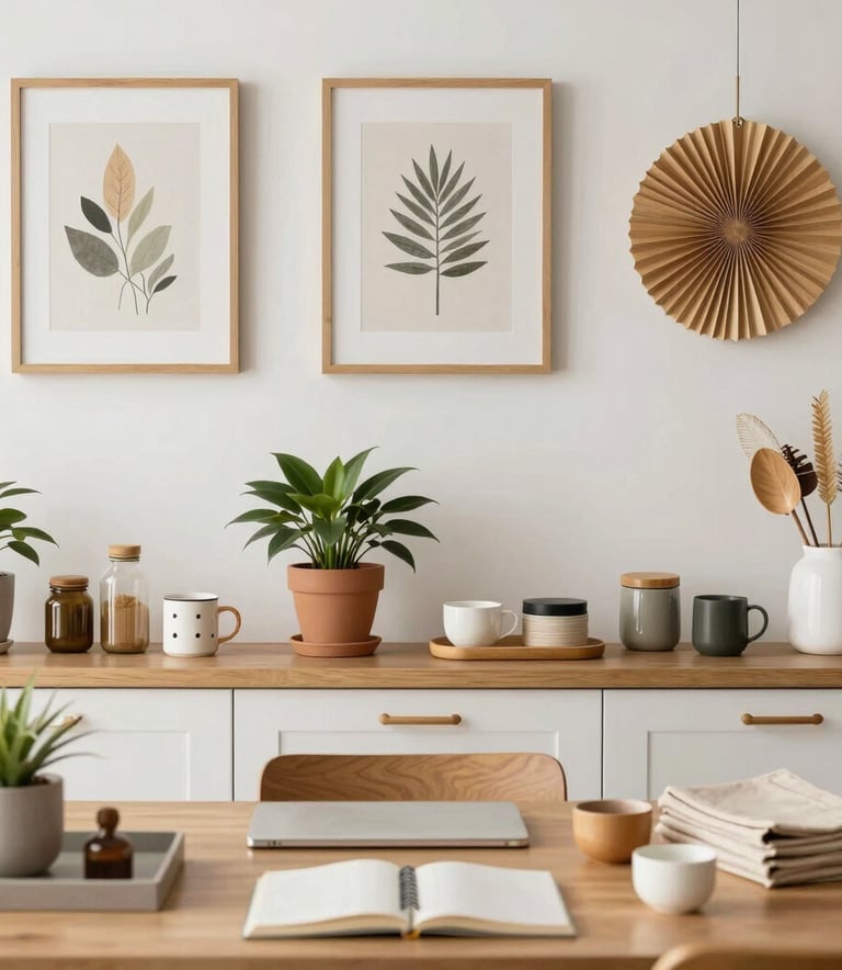 A sleek bundle of home products neatly arranged on a white minimalist table with bright natural light.