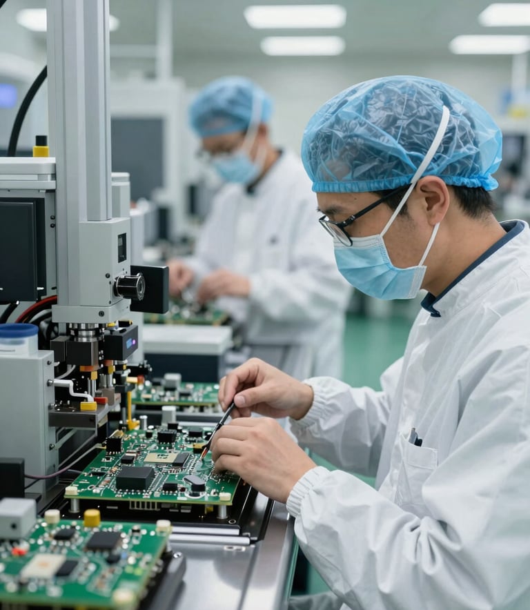 A high-precision manufacturing facility in the US where technicians in clean white attire assemble intricate medical circuit boards under bright even lighting.