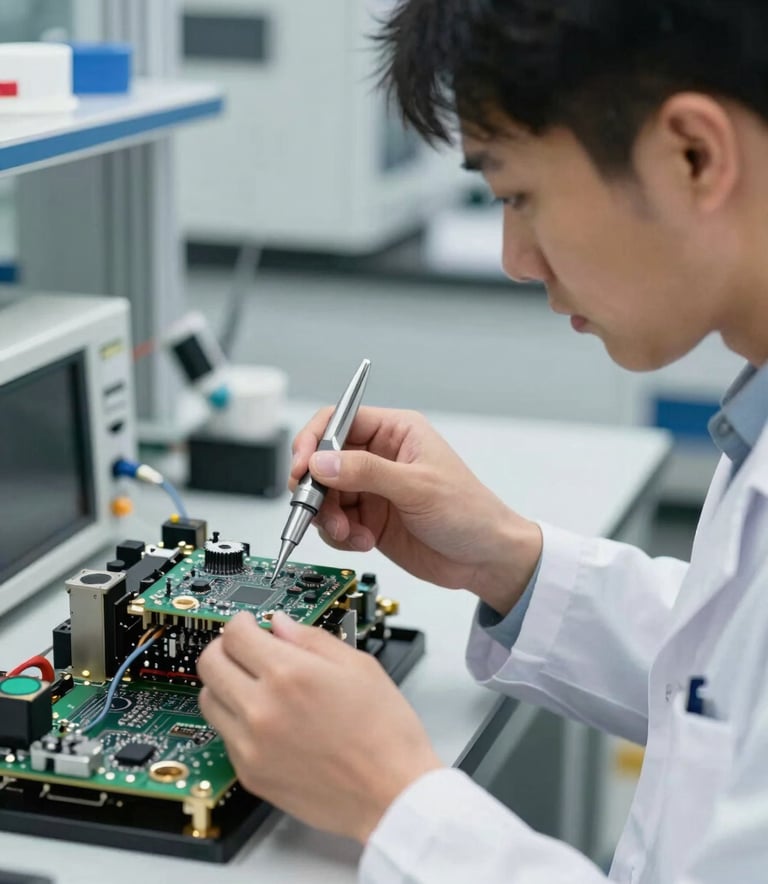 A close-up photograph of a professional engineer in a North American laboratory setting, wearing a white lab coat, meticulously inspecting a high-tech medical circuit board with precision tools under bright, clean, natural light. The background is a modern, high-tech manufacturing facility with hints of light blue and off-white colors.