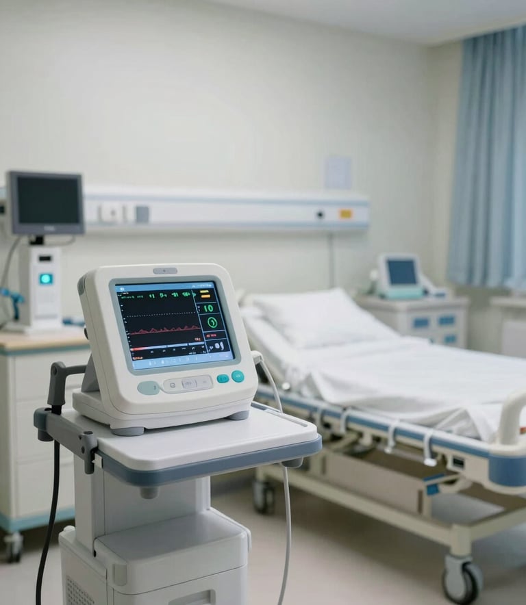 A wide-angle professional photograph of a clean, clinical patient room in a North American hospital. In the foreground, a sleek, modern medical data acquisition device is mounted on a mobile stand, showing a crisp interface with real-time vitals. The lighting is bright and professional, emphasizing a sterile and technologically advanced environment.