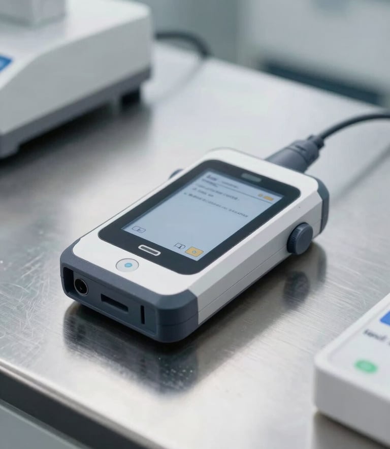 A sleek, handheld medical data acquisition device resting on a clean brushed metal surface in a bright laboratory, professional depth of field, focused on precision engineering.