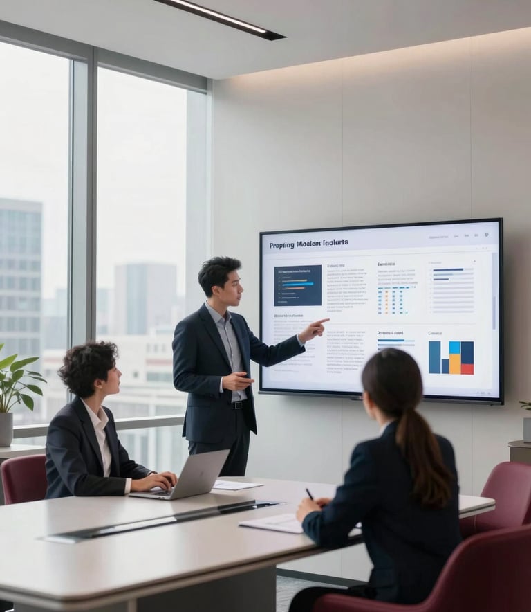 A sleek, corporate meeting room with a large window overlooking a city. A property manager and a housing association representative are reviewing digital reports on a large screen. The interior design is Scandinavian minimalist with touches of Deep Ripe Crimson #8D2D2D in the furniture details.