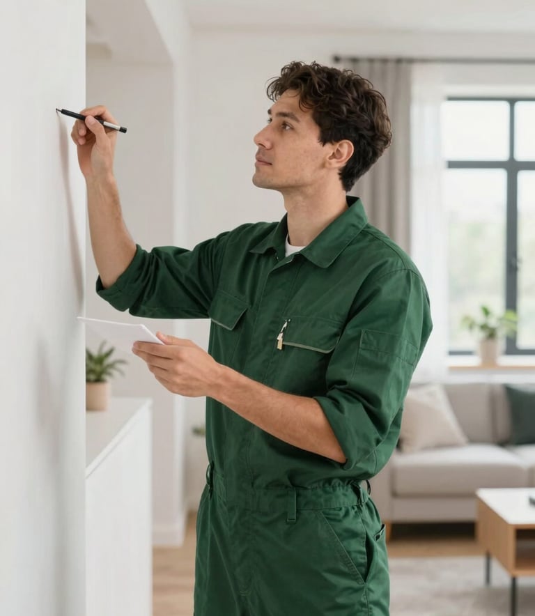 A focused property technician in a professional uniform conducting an inspection in a modern Scandinavian-style apartment. The lighting is bright and airy, highlighting clean architectural lines. Accents of Matte Forest Green #3F5E42 are visible in the technician's gear. Premium, trustworthy atmosphere.