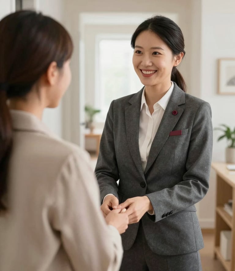 A professional property manager in a sophisticated blazer with a Crimson (#8D2D2D) pin, interacting warmly with a tenant in a bright, modern Scandinavian-style apartment hallway. High-end, premium aesthetic, soft natural lighting.