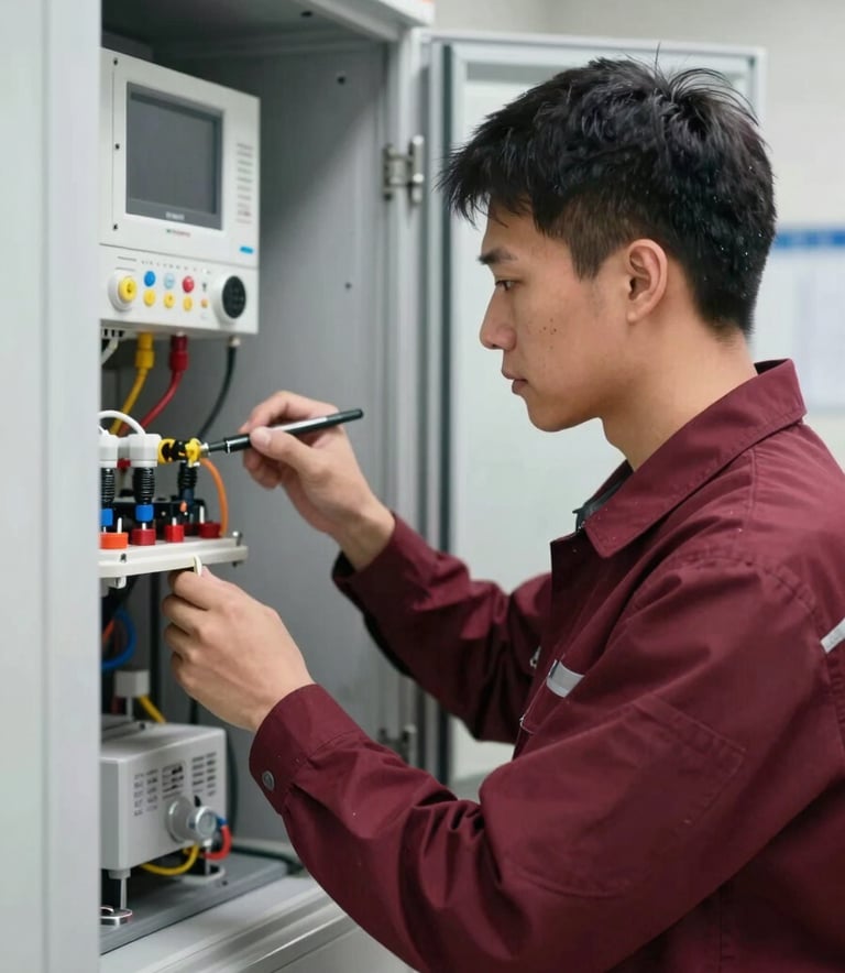 A technician in a professional uniform conducting an inspection of a modern utility room. The focus is on precision and expertise, with subtle highlights in Deep Ripe Crimson (#8D2D2D) on his equipment. Clean, sharp focus.