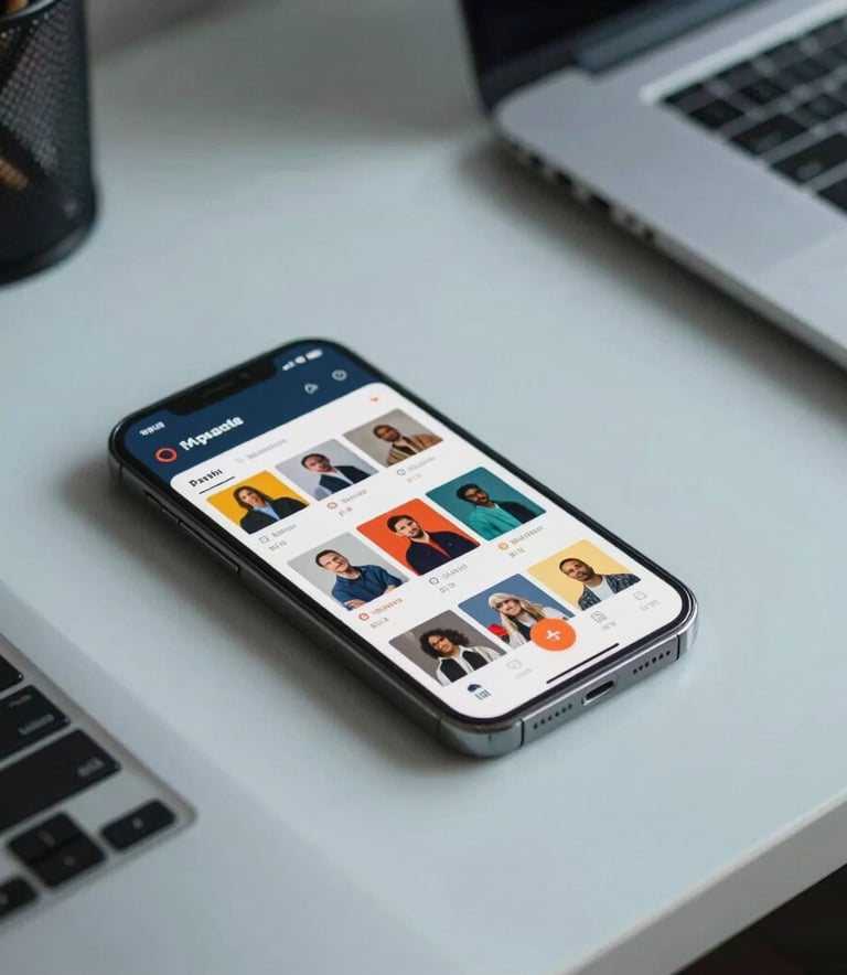 Close-up photography of a minimalist workspace with a smartphone displaying a vibrant content calendar, professional organized desk in a light blue shade, soft natural morning light, Latinoamericano professional context.