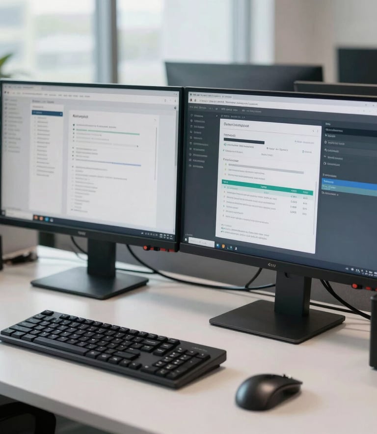A professional high-end workstation in a North American corporate office, featuring large dual monitors displaying clean lines and data-driven marketing interfaces, soft natural daylight illuminating a sleek white desk surface.