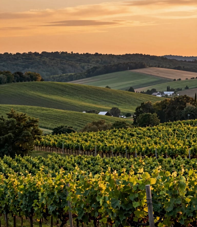 A panoramic, peaceful view of a Hudson Valley farm and winery at sunset, featuring rolling hills and rows of vines, edited in a clean, modern boutique style with deep greens and warm orange light.