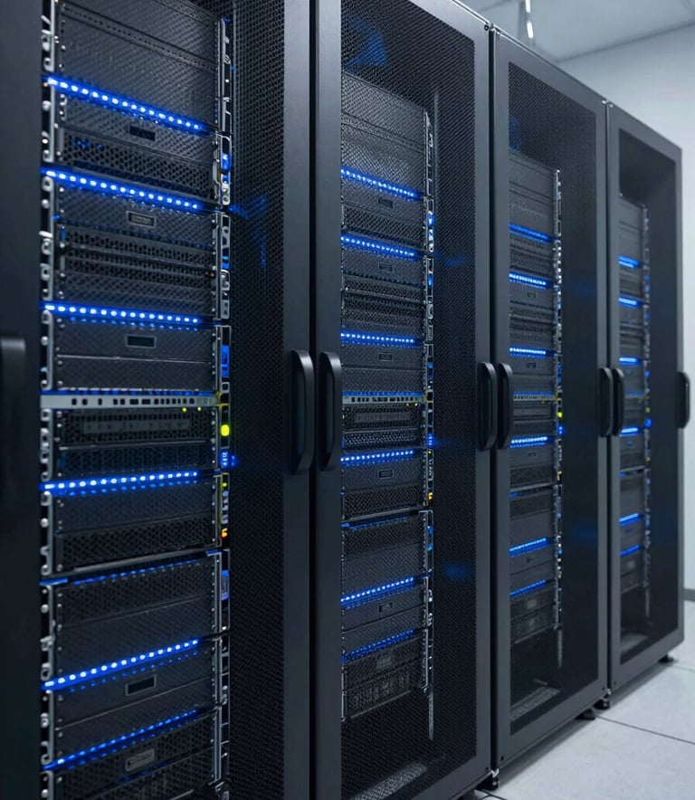 A high-end, clean server room with rows of sleek hardware and subtle blue lighting, representing advanced cloud infrastructure in a North American data center, professional photography.