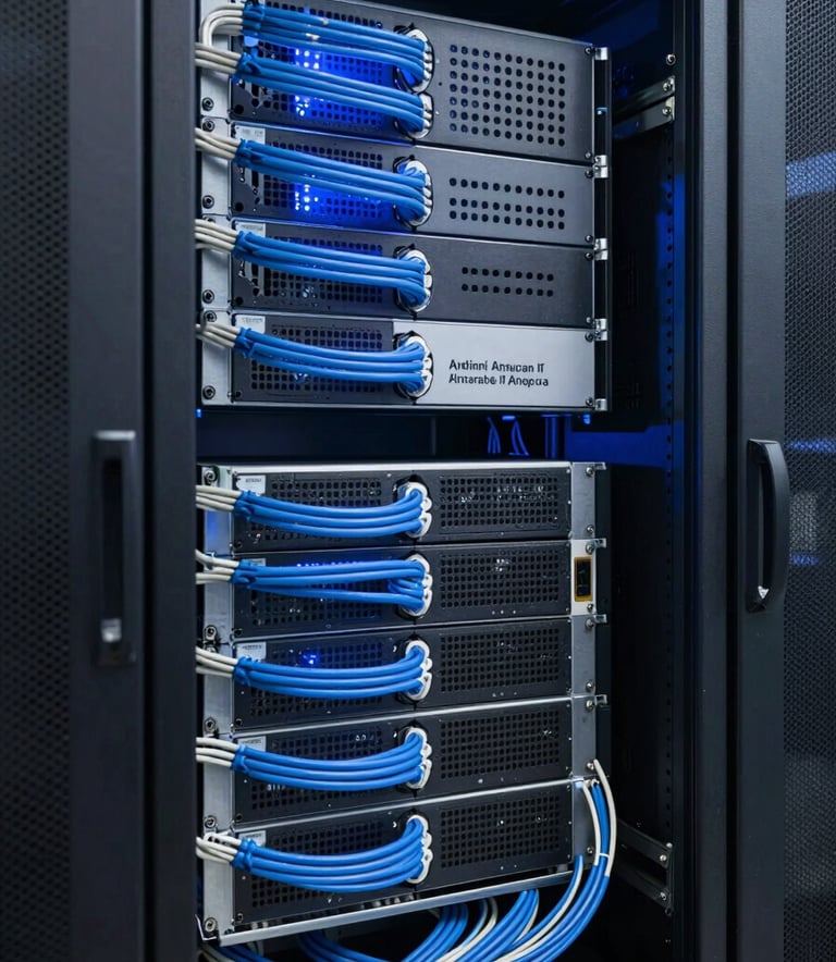 A sleek, professional server room with blue ambient lighting and neatly organized cables, symbolizing secure and scalable IT infrastructure in a North American data center.