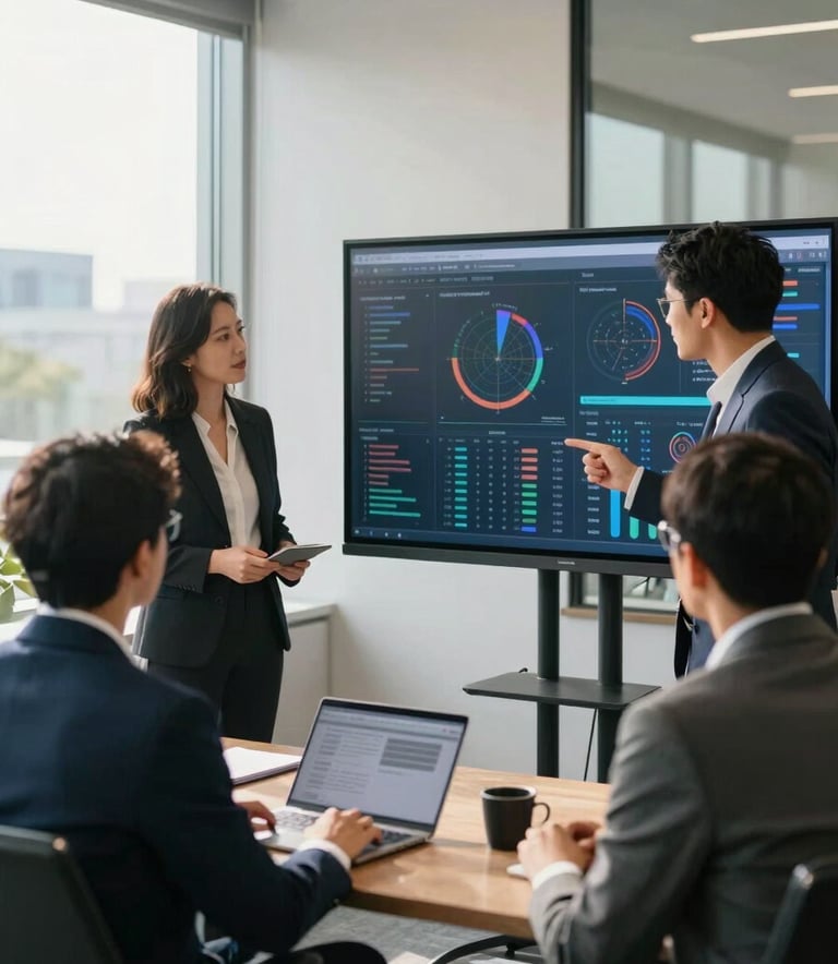 Professional team members in a sunlit North American corporate office, collaborating around a large screen showing modern data analytics, wearing smart business attire, premium atmosphere.