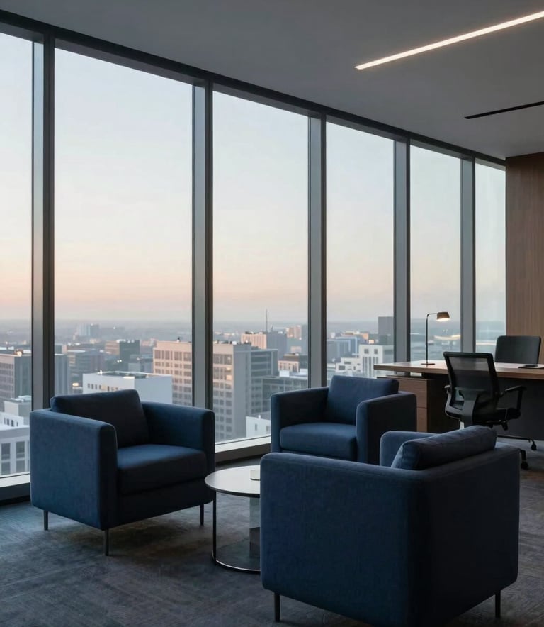 A high-end, minimalist corporate office in North America with floor-to-ceiling windows, modern furniture in dark blue tones, and soft natural morning light, conveying a sense of premium professionalism.
