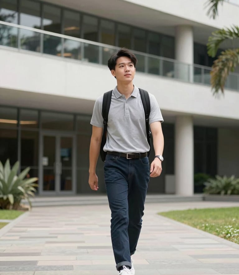 A modern Australian university campus courtyard where an East Asian / Chinese student is walking confidently, representing a successful visa outcome. The atmosphere is bright and aspirational.