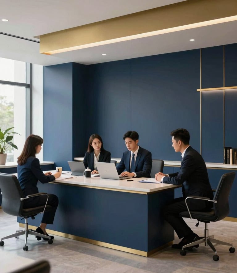 A minimalist, high-end interior of a migration law office in Beijing, featuring dark blue and gold accents, a professional atmosphere, and East Asian consultants in formal business attire collaborating in a well-lit modern space.