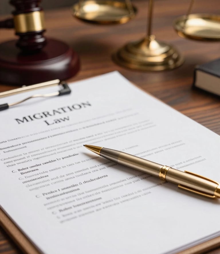 A close-up of a professional desk with migration law documents, a gold pen, and a blurred legal scale in the background, conveying authority and legal expertise. Lighting is warm and authoritative.