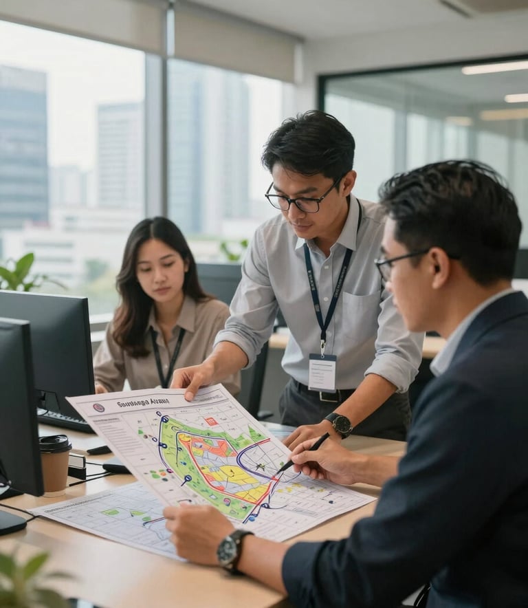 A professional and modern office setting in a Southeast Asian / Indonesian city where staff are looking at community planning maps. The lighting is bright and natural, highlighting a professional and warm atmosphere.