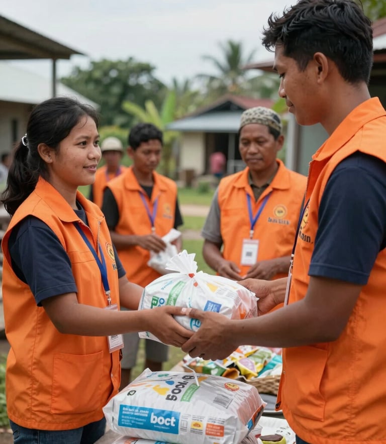 A professional photo of volunteers in orange vests distributing food and supplies to a local community in a Southeast Asian / Indonesian rural setting. Clear daylight, focusing on the human connection and efficient organization.