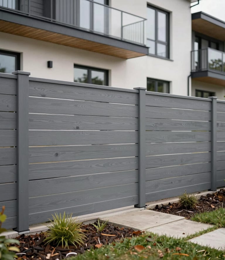 A professional wide shot of a modern residential property in Lithuania featuring a newly installed horizontal grey wooden fence and clean landscaping.