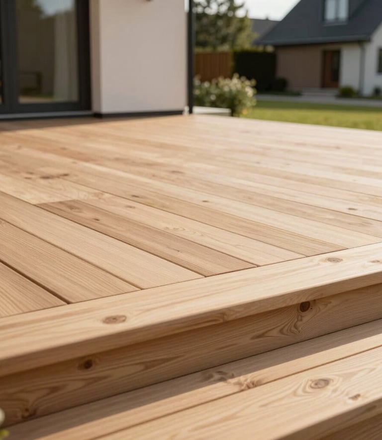 An aesthetic view of a newly installed light wood terrace under soft afternoon sun, showing high-quality craftsmanship and clean finish, modern suburban house in Lithuania.