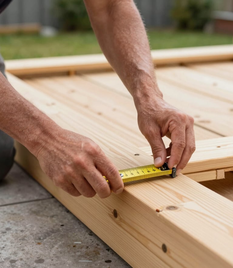 A close-up of a construction professional's hands using a technical measuring tool on a modern wooden terrace structure, emphasizing technical precision and quality, natural daylight, Northern European backyard setting.