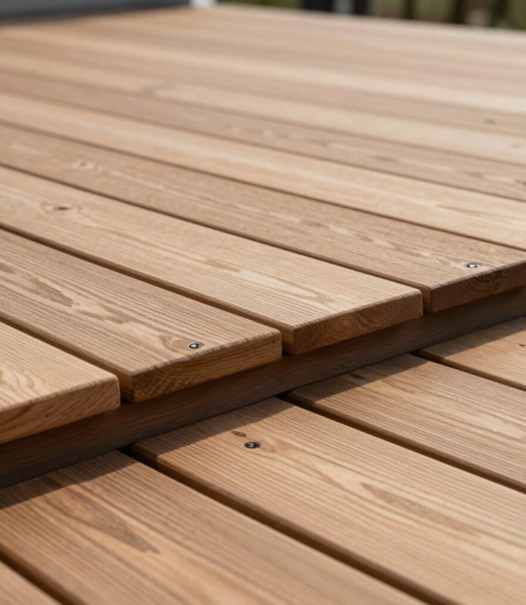 Close-up photography of a high-quality thermo-wood terrace showing precise joints and natural wood texture, modern architecture in a Northern European setting.