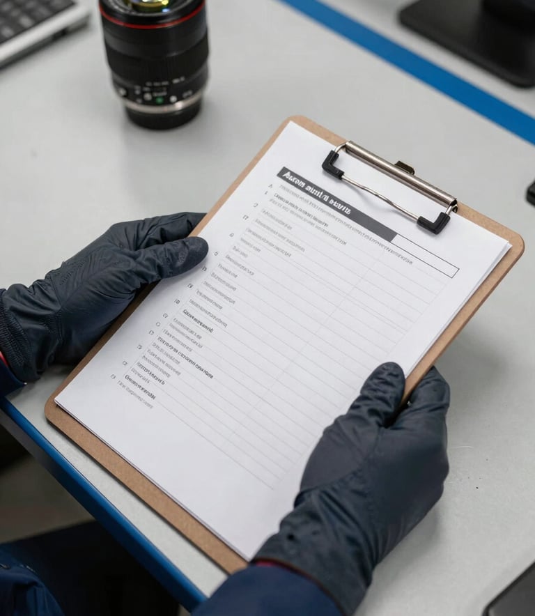 A top-down view of a professional workplace audit in progress. A clipboard with a checklist is held by hands in dark charcoal blue gloves, resting on a clean industrial surface with steel blue accents.