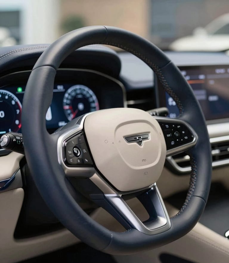 A detailed close-up of a high-end car's steering wheel and digital dashboard, featuring leather textures and steel accents, inside a professional showroom in Madrid, Southern European / Spanish setting, soft cinematic lighting, colors including dark blue and off-white.