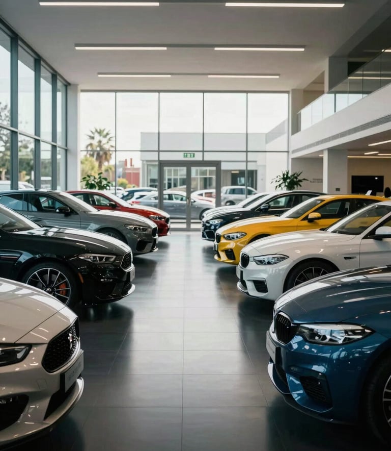 Wide shot of a modern, elegant vehicle dealership interior in Madrid, with polished black floors, bright natural light coming through glass walls, and luxury cars arranged neatly. Southern European / Spanish business environment.