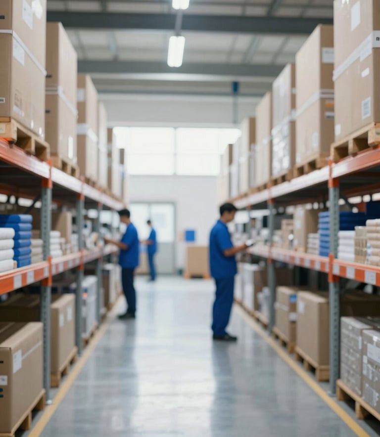 A wide-angle, high-resolution shot of a modern, clean logistics center. The scene is bright and organized, featuring high shelves and a polished floor. Professional staff in subtle blue uniforms are visible in the background. The lighting is natural and crisp, emphasizing efficiency. Incorporates brand colors #292860 and #FFFFFF.