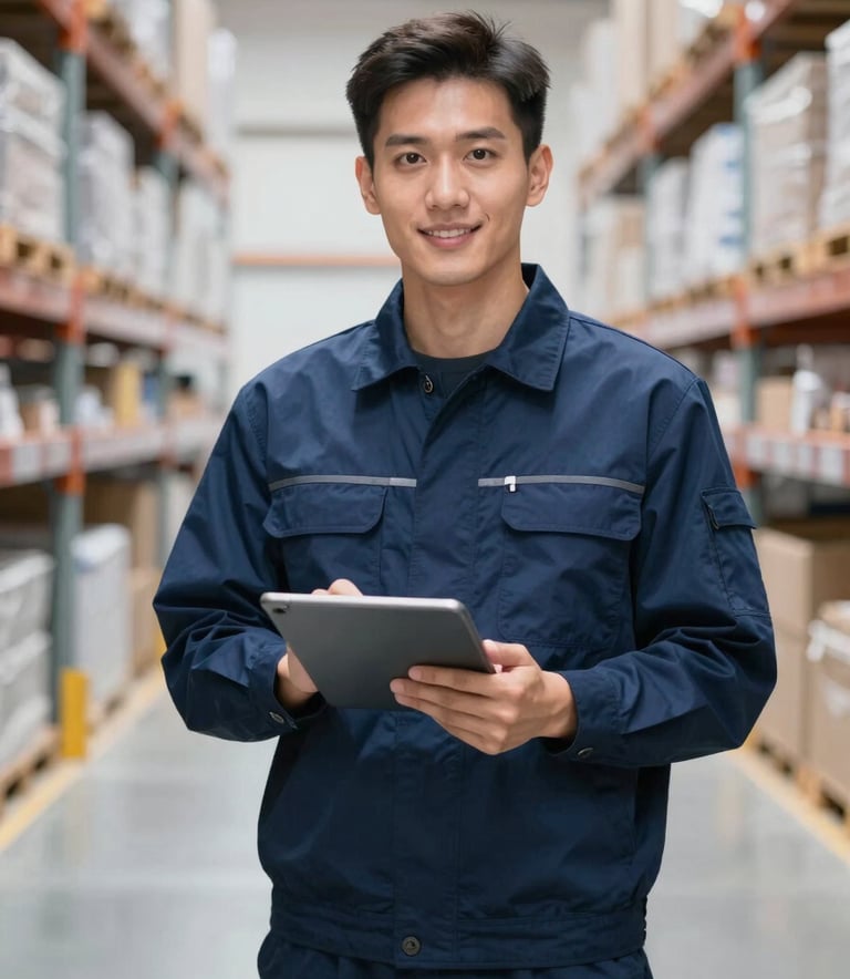 A professional logistics manager in a navy blue uniform holding a tablet in a bright, modern warehouse setting, high-key lighting, business professional mood.