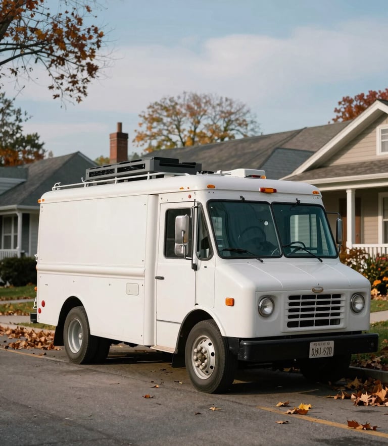 A nostalgic-style photograph of a vintage electrical service truck parked in a leafy Skokie, Illinois residential street during the autumn, conveying a legacy with soft white and slate blue sky.