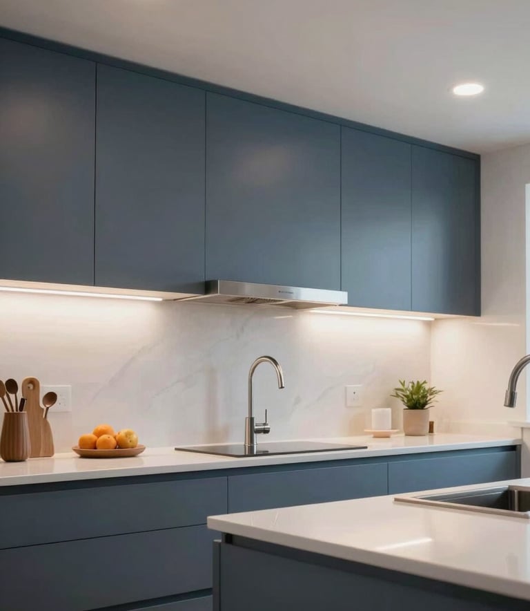 Professional photography of a clean, modern kitchen interior in a North American / US home, highlighting elegant recessed ceiling lighting and under-cabinet LED strips with slate blue accents.