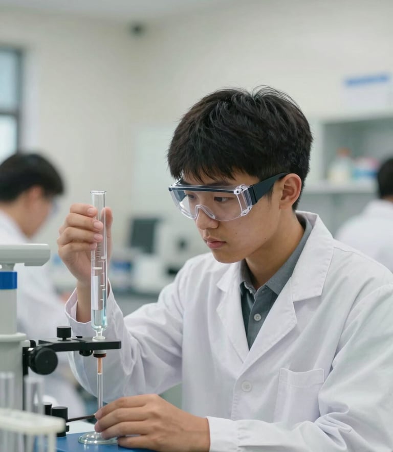A focused student in a North American / US school laboratory setting, wearing a white lab coat and safety goggles, carefully observing a titration experiment. The background is a clean, soft off-white modern lab. The lighting is bright and professional, emphasizing an innovative and academic atmosphere.