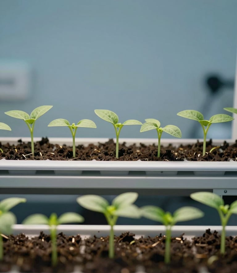 Time-lapse sequence of seedlings growing in an organized North American / US experimental setup, natural lighting in a clean laboratory environment, with Sage Green leaves against a Dusty Sky Blue background.