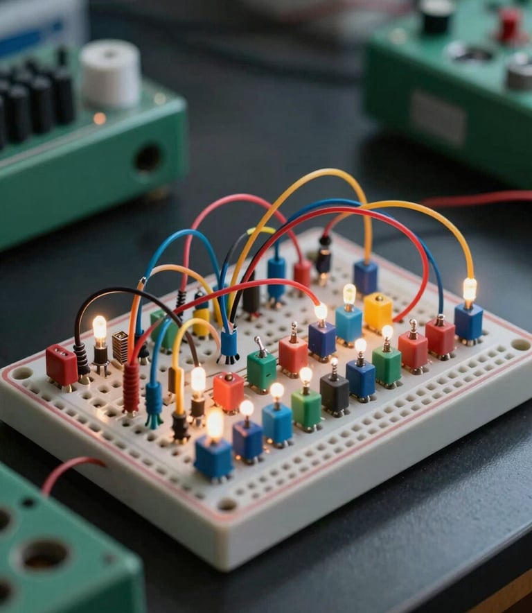 A detailed close-up of a breadboard with neatly arranged colorful wires, resistors, and lit LEDs, part of a Circuit Lab project in a North American / US school science lab. The scene is shot with high clarity and a shallow depth of field, highlighting the precision of the work. The color palette features deep charcoal and muted forest green accents from the equipment and work surface.